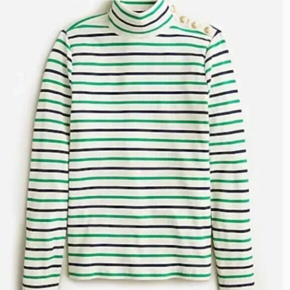 J. Crew Ribbed Turtleneck Top Striped Sailor Gold Buttons Size Medium - Picture 1 of 8